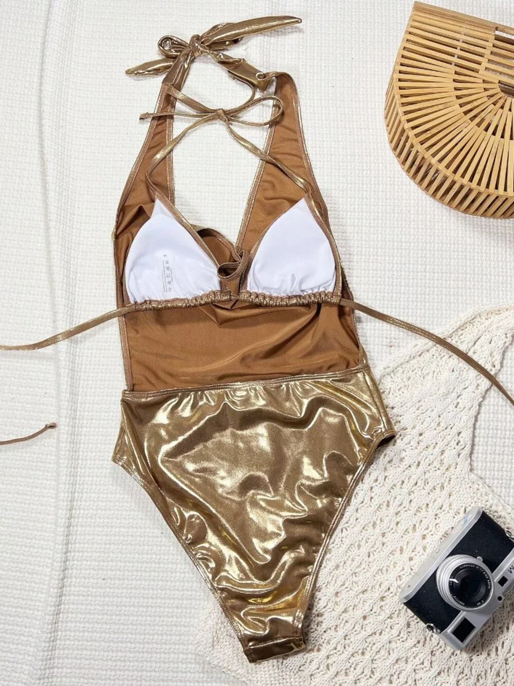 Sexy Women's Gold Metallic Halter Tie Front Cutout One Piece Suit